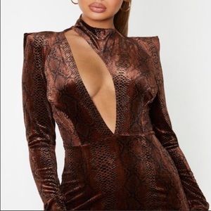 Brown Velvet Snake Print Long Sleeve Dress